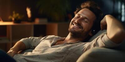 een Mens valt in slaap Aan de sofa met een glimlach foto
