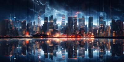 nacht stad met wolkenkrabbers digitalisering foto