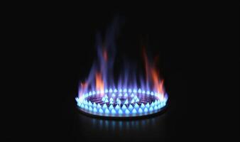 blauw vlam van een gas- brander Aan een zwart achtergrond foto