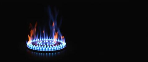 blauw vlam van een gas- brander Aan een zwart achtergrond banier foto