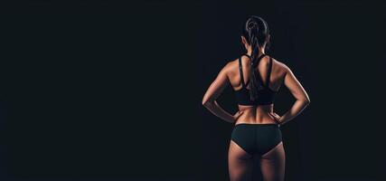 atletisch meisje in sport- ondergoed Aan een zwart achtergrond, terug visie banier foto