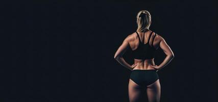 atletisch blond meisje in sport- ondergoed Aan een zwart achtergrond, terug visie banier foto