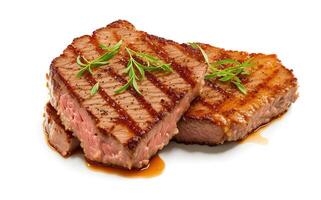 sappig steak Aan wit achtergrond foto