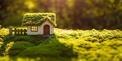 model- van een klein houten huis met een mos dak Aan een groen wazig achtergrond banier foto