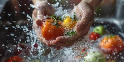 handen wassen groenten spatten water foto