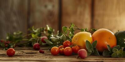 groenten en fruit met kruiden Aan een houten tafel foto