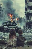 kinderen zittend in voorkant van een geruïneerd geruïneerd stad foto