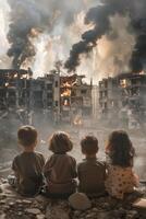 kinderen zittend in voorkant van een geruïneerd geruïneerd stad foto