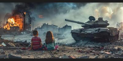 kinderen zittend in voorkant van een geruïneerd geruïneerd stad foto