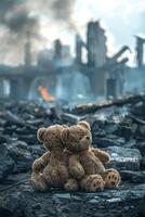 teddy beer tegen de achtergrond van vernietigd gebouwen foto
