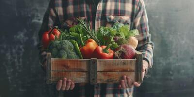 boer Holding groenten en fruit in zijn handen foto