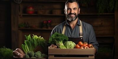 boer Holding groenten en fruit in zijn handen foto