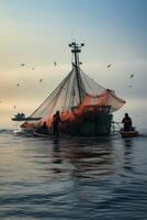 vangen zeevruchten in de oceaan Aan boten foto