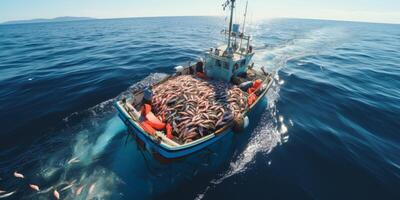 vangen zeevruchten in de oceaan Aan boten foto