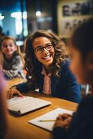 leraar Bij school- met schoolkinderen foto