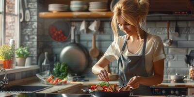 vrouw die in de keuken kookt foto