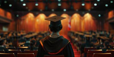 terug visie beeld van afstuderen leerling in diploma uitreiking pet foto