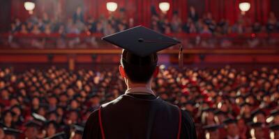 terug visie beeld van afstuderen leerling in diploma uitreiking pet foto