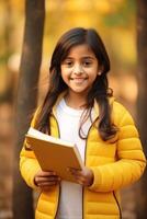 kind met rugzak en boeken terug naar school- foto