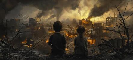 kinderen tegen de backdrop van een vernietigd stad foto