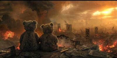 teddy beer tegen van een vernietigd stad foto