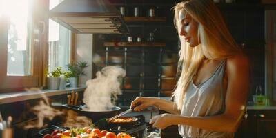 vrouw die in de keuken kookt foto