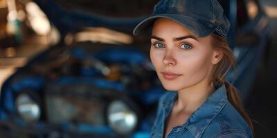 vrouw auto monteur in werkplaats, portret foto