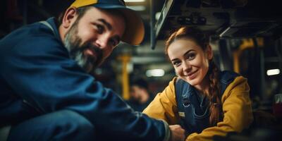 vrouw auto monteur in werkplaats, portret foto