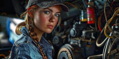vrouw auto monteur in werkplaats, portret foto