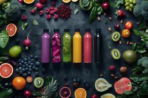 kleurrijk sap flessen in verschillend tinten foto