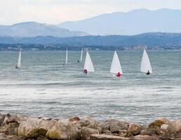 zeilboot racing Aan de zee. foto