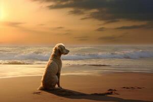 hond zittend Aan de strand in de buurt zee of oceaan. foto