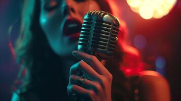 vrouw vocale of zanger het zingen in een retro microfoon in een club foto