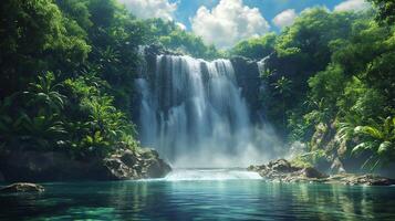een waterval omringd door een dicht oerwoud met weelderig groen en rotsen foto