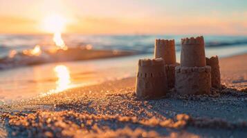 een zand kasteel is gebouwd Aan de strand met de zon schijnend Aan het foto