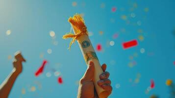 een persoon is Holding een diploma en een pet terwijl vliegend door de lucht foto