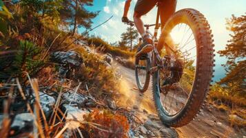 een persoon is rijden een fiets Aan een rotsachtig berg spoor foto