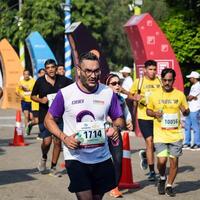 nieuw Delhi, Indië - oktober 15 2023 - vedanta Delhi voor de helft marathon ras na covid in welke marathon deelnemers over naar kruis de af hebben lijn, Delhi voor de helft marathon 2023 foto