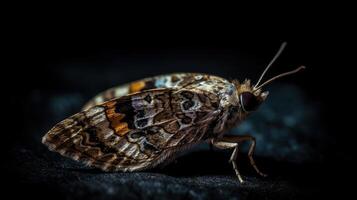 dichtbij omhoog van gouden gevleugeld mot in donker sfeer foto