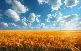 weelderig tarwe veld- onder een blauw lucht met pluizig wolken foto