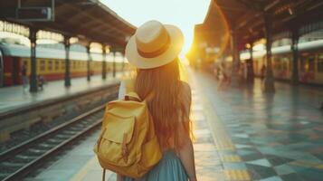 een vrouw vervelend een rietje hoed en slijtage jurk is staand Aan een trein platform foto