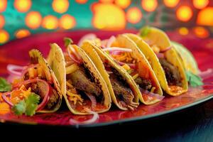 drie taco's met vlees en groenten Aan een rood bord foto