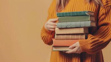 een persoon is Holding een stack van boeken in hun handen foto