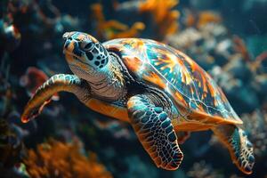 een schildpad zwemmen in de oceaan met een blauw en oranje schelp foto