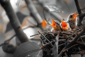 drie baby vogelstand zijn zittend in een nest, een van welke is aan het eten foto