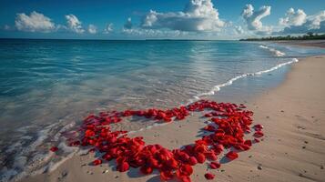 hart gemaakt van rood roos bloemblaadjes Aan een zanderig strand met teder golven en een Doorzichtig blauw lucht. een romantisch, sereen tafereel perfect voor thema's van liefde, bruiloften, en tropisch strand uitjes. foto