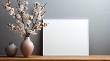 elegant interieur met kers bloesems in een vaas naast een blanco canvas, Aan een houten tafel tegen een grijs backdrop ideaal voor kunst mockups foto