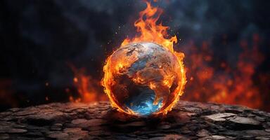 de aarde is Aan brand in de midden- van een donker achtergrond foto