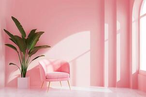 mockup schilderij Aan een roze muur, roze interieur, roze stoel en palm boom foto