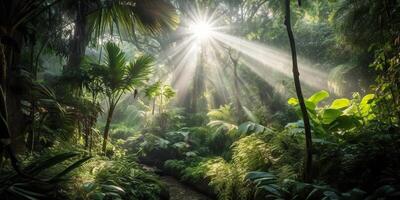 tropisch regen oerwoud diep Woud met beb straal licht schijnt. natuur buitenshuis avontuur uitstraling tafereel achtergrond visie foto